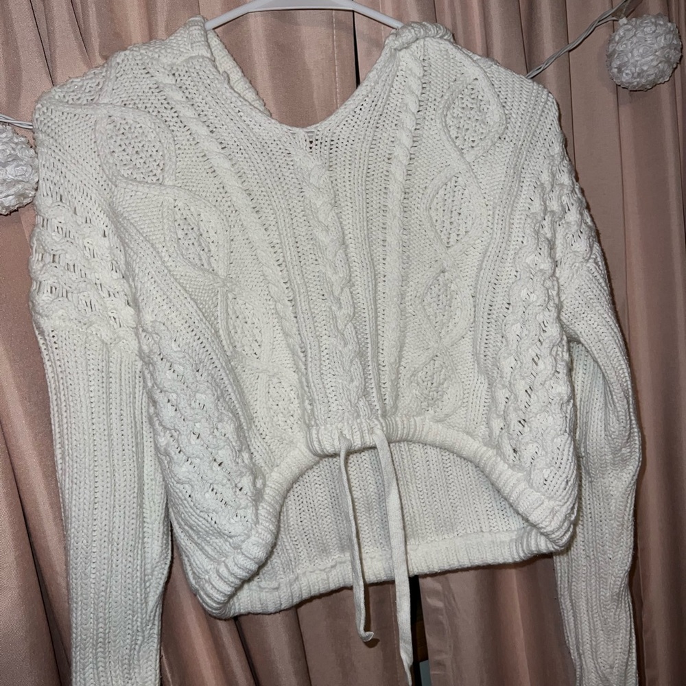 Cropped Cable Knit Sweater with Hood